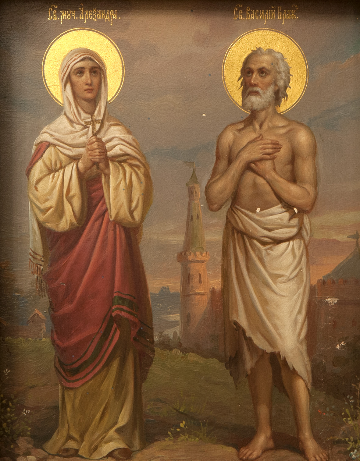 Images of holy martyr Alexandra and Basil the Blessed.